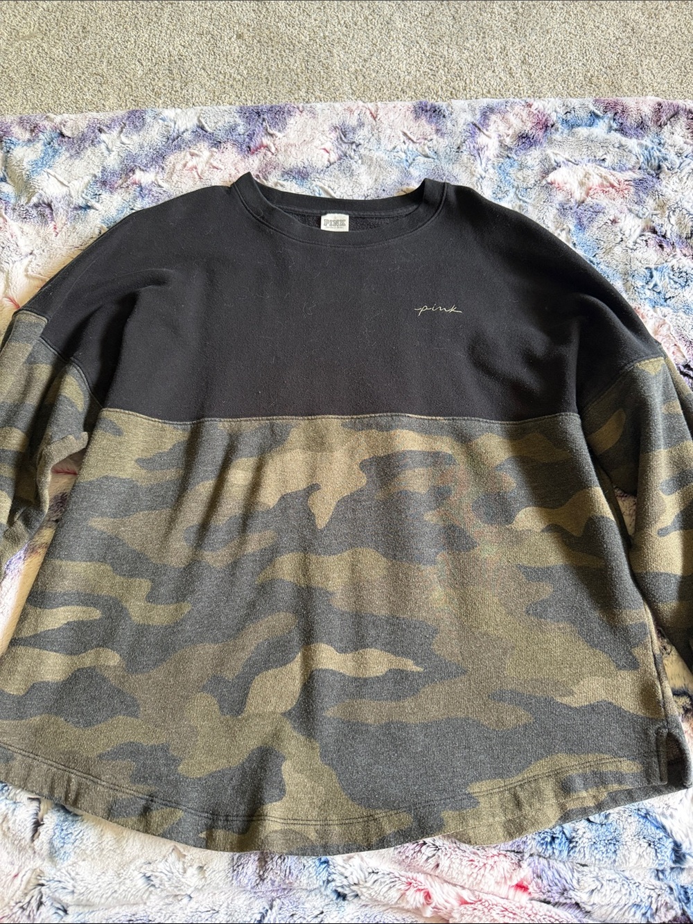 PINK Victoria's Secret Black & Olive Camo Colorblock Crewneck